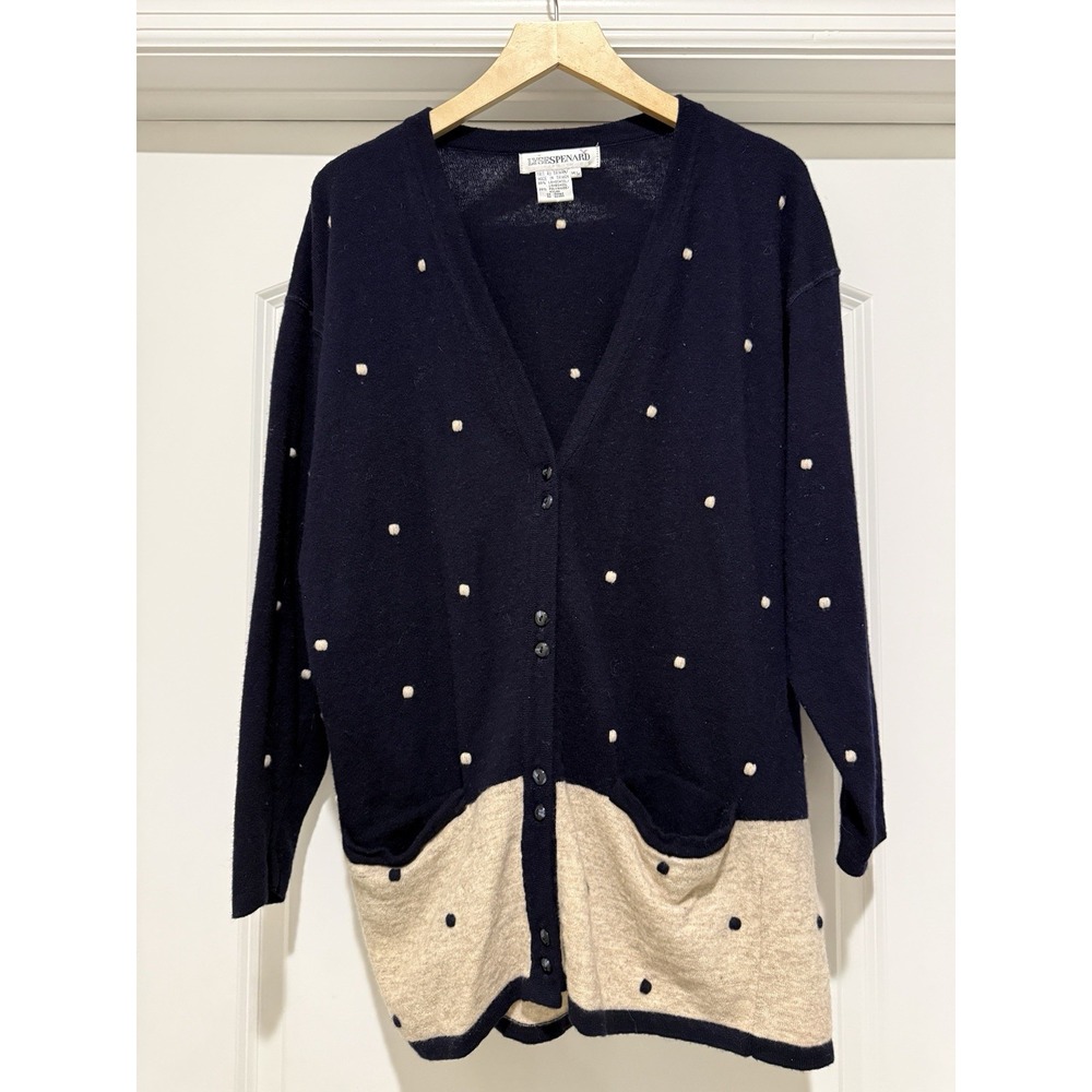 Lyse Spenard Lamb's Wool Polka-Dot Cardigan Navy Blue And Beige Women's Medium